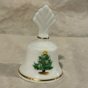 Elegant White and Gold Holiday Mini Bell with Christmas Tree and Holly Design